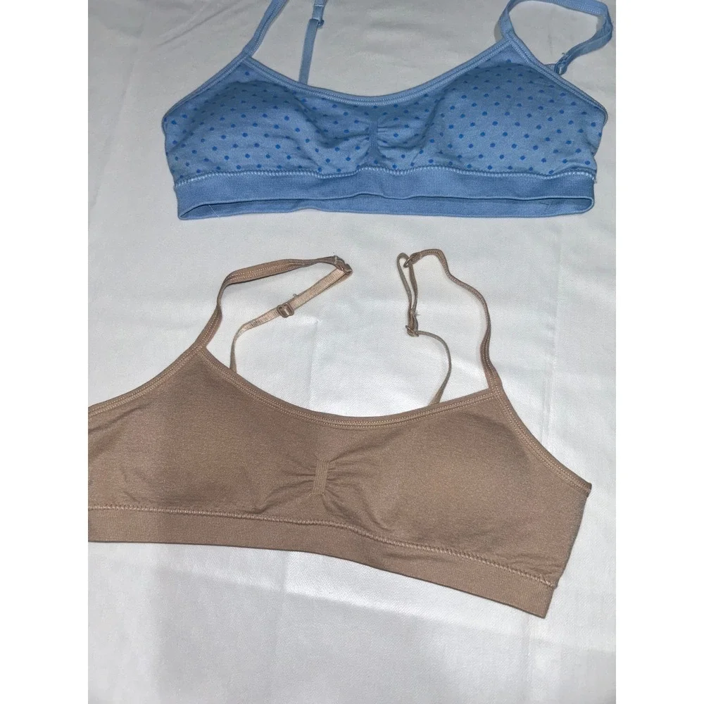 Hanes Girls Seamless‎ Bralette Set 2 Pack Tan Blue Polka Dot Small H189